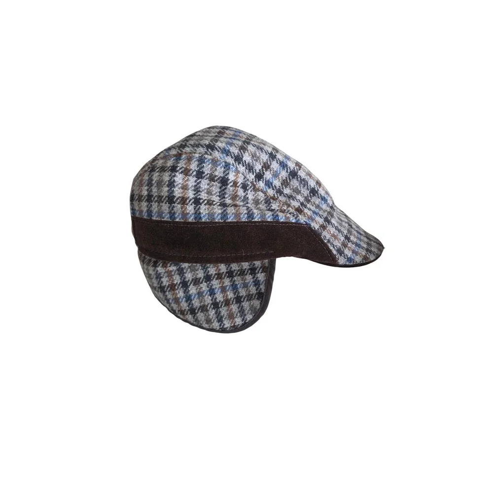 Houndstooth Newsboy Cap Brown Blue‎ Plaid Driving  Hat Ear Flaps Made In Italy